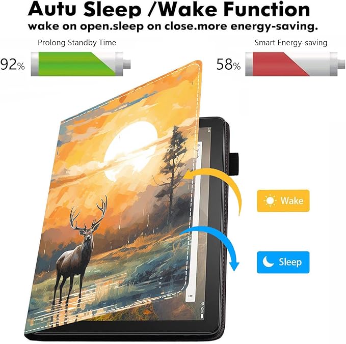Case for All-New Amazon Kindle Fire HD 10 &amp 10 Plus Tablet 10.1 (13th/11th Generation 2023/2021 Release) - PU Leather Folio Case with Smart Auto Wake/Sleep Deer at Sunset