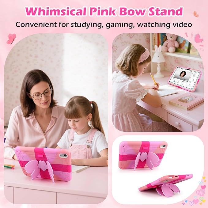 VOFUOE for iPad A16 Case 11th Generation 2025 11 Inch for iPad 10th Generation Case 2022 10.9 Inch for Kids Girls with Sweet Bow Stand Shoulder Strap Pencil Holder Hard Protective Cover-Hot Pink