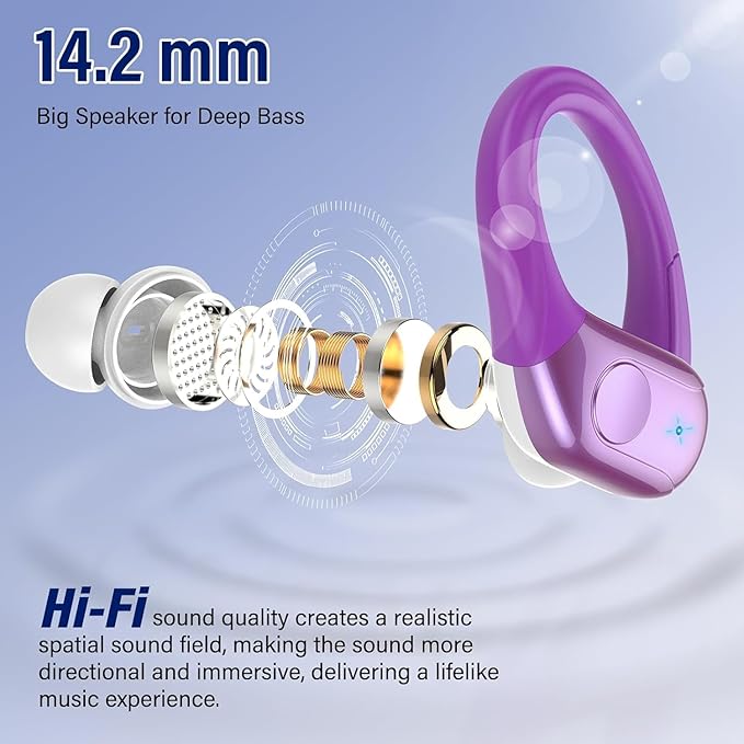 Wireless Earbuds Bluetooth 5.4 Headphones 75H Stereo Deep Bass Sports Over Ear Buds with Earhooks LED Display Bluetooth Earbuds with 4 ENC Mic IP7 Waterproof Earphone for RunningDark Purple