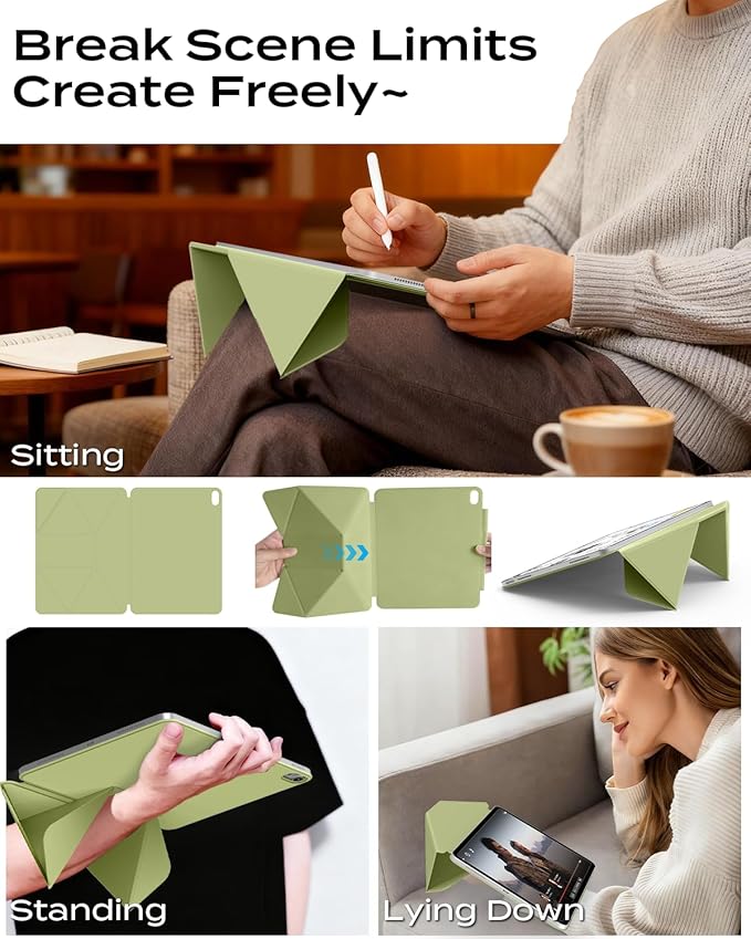 JKSML Dynamic Folio Case for iPad Air M4/M3/M2 11 &amp Air 4th/5th Gen 10.9 Detachable Pencil Holder 20+ Multi-Angle Origami Cover Slim &amp Ergonomic &amp Powerful Magnetic - Green