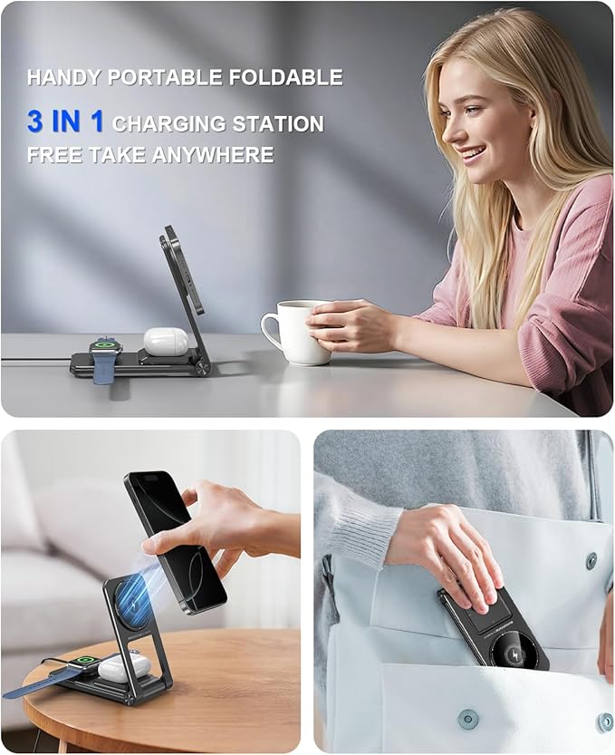 3 in 1 Magnetic Wireless ChargerFoldable Charging Station Built-in Retractable Cable15W Portable Wireless Charging Stand for iPhone 16 15 14 13 12Apple WatchAirPods (20W Adapter) (Black)
