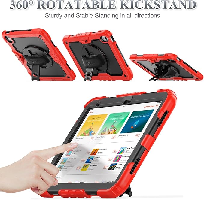 SEYMAC stock Case for iPad (A16) 11th/10th Generation 11''/10.9'' 2025/2022 Full-Body Drop Protection Case with Screen Protector &amp360° Rotate Hand Strap/Stand Black+Red