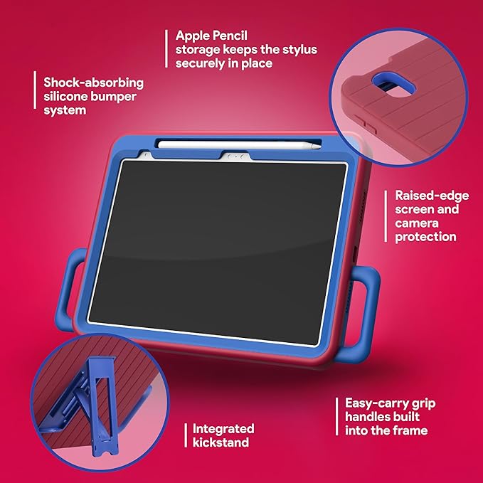 Incipio - Kids Silicone Bumper Case for iPad 10th Gen &amp A16 4ft Drop Protection Built-in Kickstand Easy-Grip Handles Durable Protective Cover (Red/Blue)