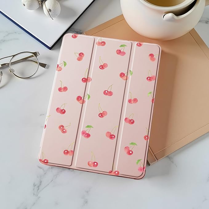 Idocolors Cute Kawaii Girly Cherry Pad Case for 8.3 Inch iPad mini 6 Clear TPU Smart Stand Back Cover with Pencil Holder Auto Wake/Sleep Foldable Shockproof Protective Case for Women Girls