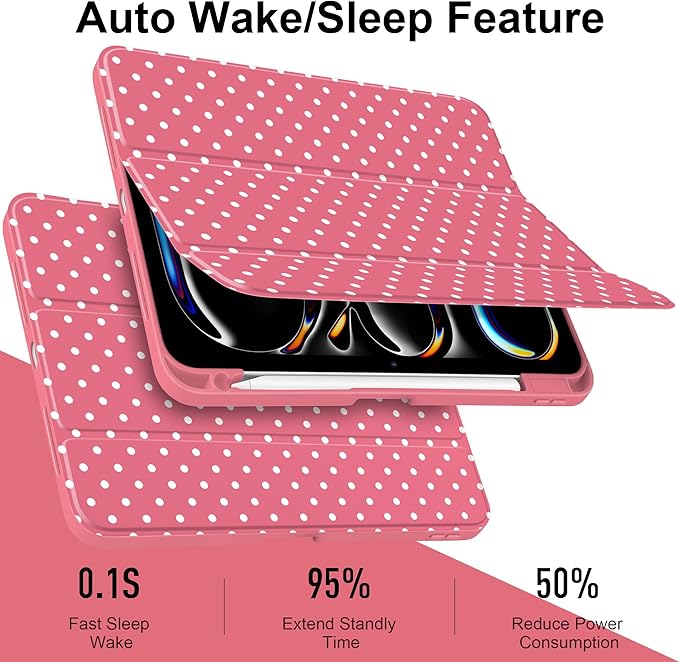 Case for iPad Pro 11 Inch (M5 2025 M4 2024) – [Built-in Pencil Holder] Shockproof &amp Stylish Clear Hard Back + Soft TPU Edge Magnetic Trifold Stand Auto Wake/Sleep Rose red White dot