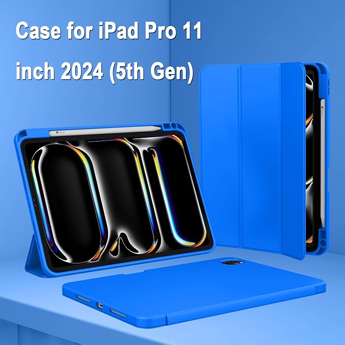 ZryXal iPad Pro 11 Inch Case (M5) 2025/ (M4) 2024 (Model: A2836/A2837/A3006) Trifold Stand Smart Cover with Pencil Holder and Soft TPU Back Auto Wake/Sleep (Medium Blue)