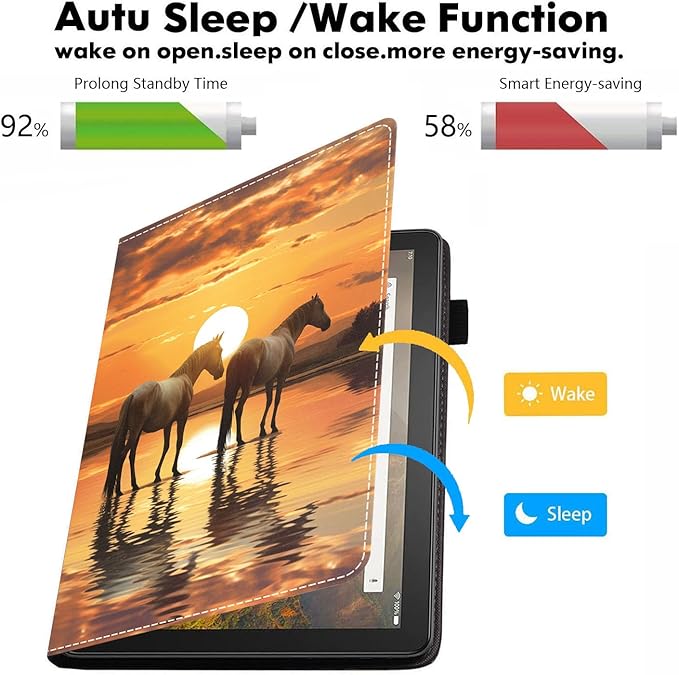 Case for All-New Amazon Kindle Fire HD 10 &amp 10 Plus Tablet 10.1 (13th/11th Generation 2023/2021 Release) - PU Leather Folio Case with Smart Auto Wake/Sleep Horse at Sunset