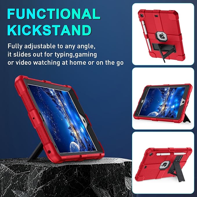 Case for iPad 9th/8th/7th Generation 2021/2020/2019(10.2 inch) Heavy Duty Shockproof Rugged Protective 10.2 Cover with Built-in Stand for iPad 9 8 7 Gen(Black+Red)