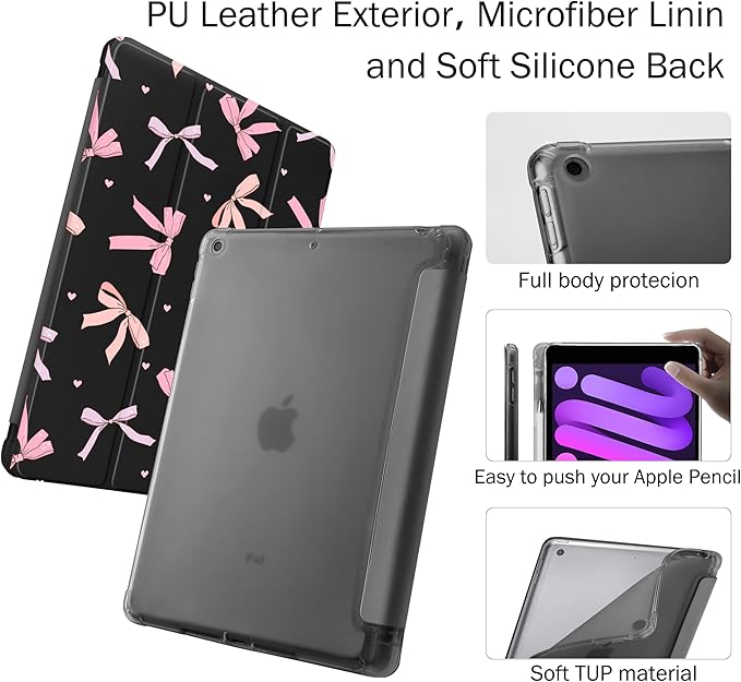 Idocolors Case for iPad 11 inch (A16 Chip) 2025 Generation 11th / iPad 10.9 inch 2022 10th Gen Built-in Pencil Holder with Soft TPU Shockproof Back Shell Auto Wake/Sleep Pink Bows-Black