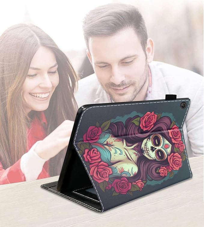 Case for Amazon Kindle Fire 7 Tablet (7 9th/7th Generation 2019/2017 Release) Slim PU Leather Cover with Card Slot &amp Auto Wake/Sleep Sugar Skull Girl Roses