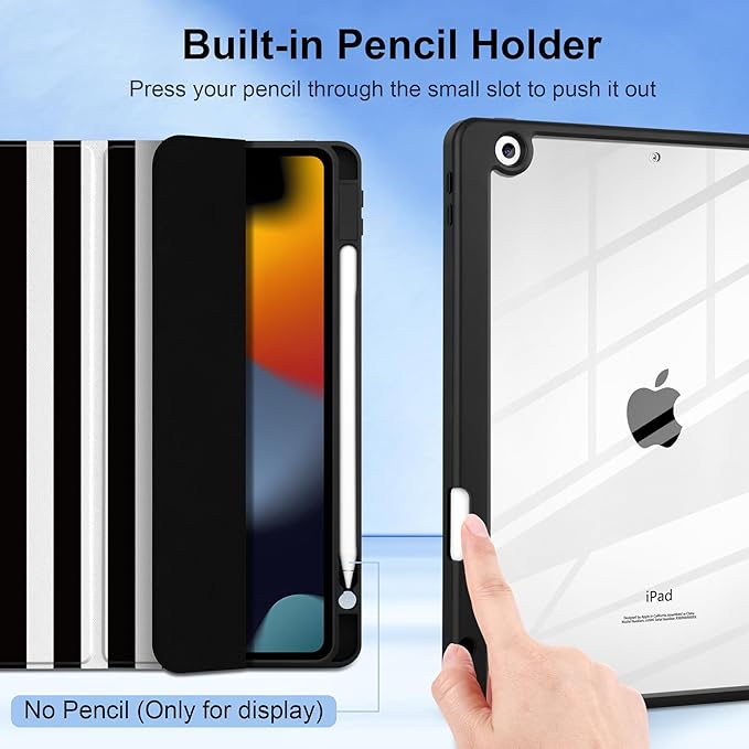 DONGKE for iPad 9th/8th/7th Generation Case 10.2 Inch (2021/2020/2019) [Auto Sleep/Wake &amp Pencil Holder] Clear Acrylic Back Trifold Stand Cover Black Stripes