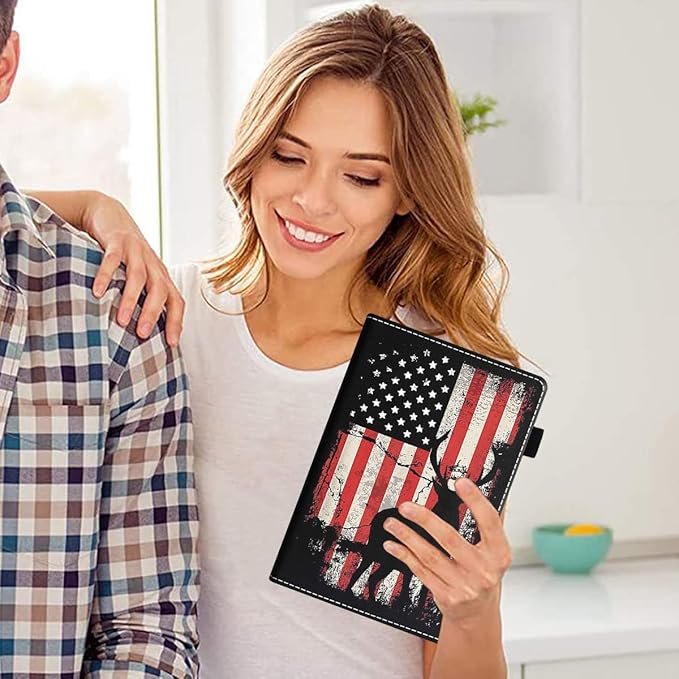 Case for Amazon Kindle Fire HD 10 Tablet 10.1 (9th/7th Generation 2019/2017 Release) Premium PU Leather Stand Cover with Smart Auto Wake American Flag Deer