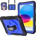 MENZO Case for iPad A16 11th Generation 11 Inch 2025 iPad 10th Gen 2022 10.9 inch 360° Rotating Stand Built-in Pencil Holder Convenient Hand and Shoulder Strap Durable Shockproof Black+Deep Blue