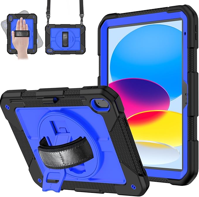 MENZO Case for iPad A16 11th Generation 11 Inch 2025 iPad 10th Gen 2022 10.9 inch 360° Rotating Stand Built-in Pencil Holder Convenient Hand and Shoulder Strap Durable Shockproof Black+Deep Blue