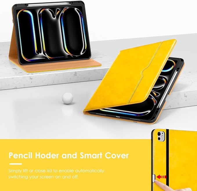 VIKESI Case for iPad Pro 13 (M4) 2024 Leather Stand Cover with Apple Pencil Holder Auto Wake/Sleep Multiple Viewing Angles Built in Hand Strap &amp Pocket Yellow