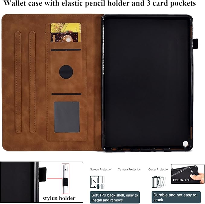Folio Case for Amazon Kindle Fire HD 8/Fire HD 8 Plus (12th/10th Generation 2024/2022/2020) 8 with Stand/Pencil Holder [Auto Sleep/Wake] Embossed PU Leather Smart Cover Brown Butterfly Flower