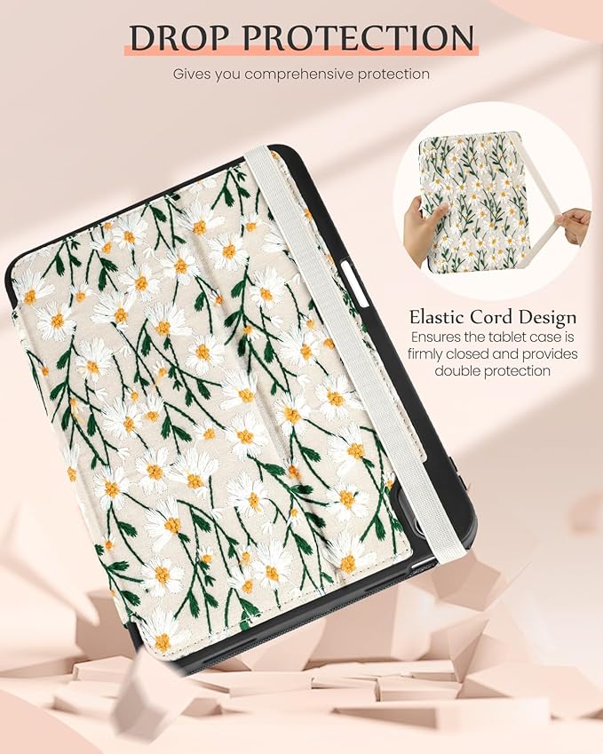 for iPad 10th Generation Case for iPad (A16) 11th Generation Case - Women Girls Cute Embroidered Folio Stand Cover with Pencil Holder &amp Card Slot Girly Kawaii Daisy Flowers Aesthetic Cases