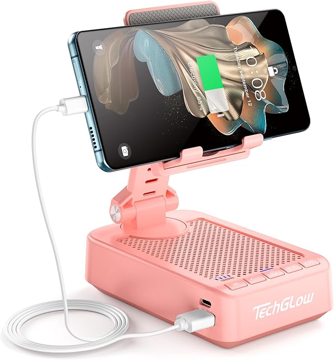 TechGlow Gifts for Men Women Foldable Cellphone Stand with Bluetooth Speaker and Charging Function 360° Rotatable Phone Stand Birthday Gift Idea for Mom Dad Cool Tech Gifts-Pink