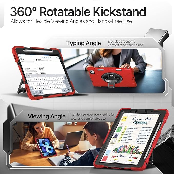 TNP Protective Case for iPad Air 5th 4th Gen 10.9 inch and iPad Pro 11 Inch 4th 3rd 2nd Generation (2022 2021 2020 2018) with Pencil Holder Handle Adjustable Stand &amp Shoulder Strap Red