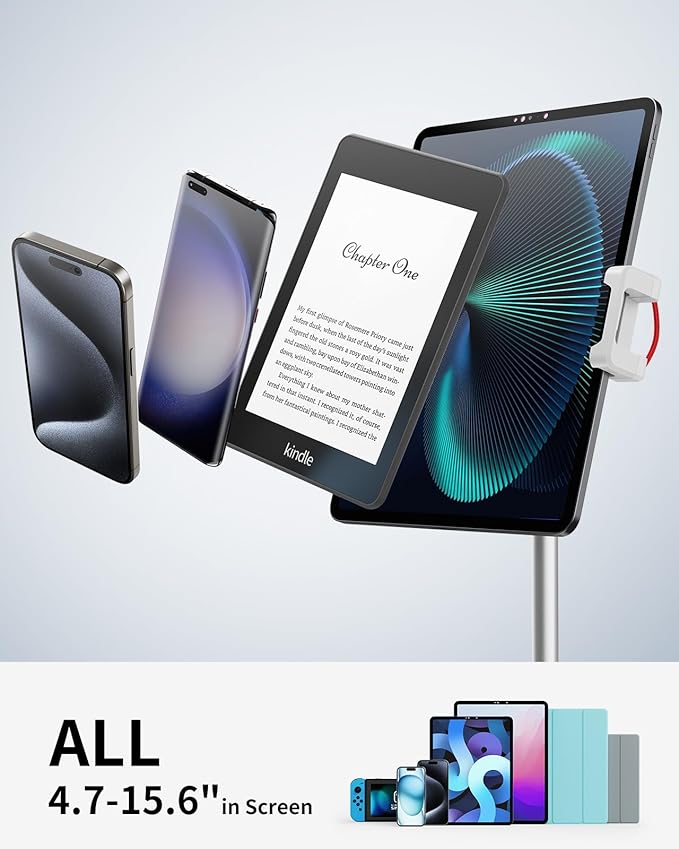 SAIJI Tablet Stand Holder Extra-Height Adjustable Kindle Stand 360 Degree Rotating iPad Holder Aluminum Alloy Cradle Mount Dock for 4.7-15.6 iPhone Samsung Tablets Portable Monitor (Silver)
