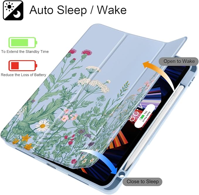 May Chen for iPad Pro 11 inch M2 4th Generation 2022 iPad Pro 11 3rd/2nd/1st Gen Case with Transparent Shockproof Back Cover [Built-in Pencil Holder Auto Sleep/Wake Herbs Flowers