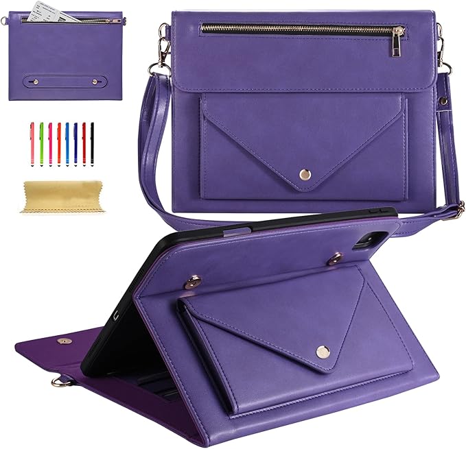 Dteck Business Case for iPad Pro 11 Inch iPad Air 11 Inch PU Leather Flip Stand Cover Pencil Holder Zipper Pocket Strap Protective Wallet Case Purple