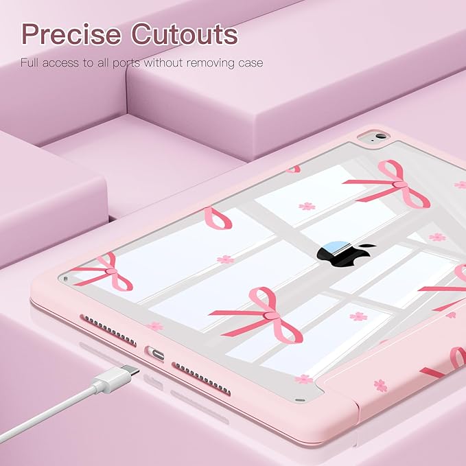 Teryeefi Case for iPad 9th Generation (2021) / 8th Generation (2020) / 7th Gen (2019) 10.2 Inch Kickstand PU + PC Clear Hard Shell Back Cover Protective Case with Built-in Pencil Holder (Pink Bow)
