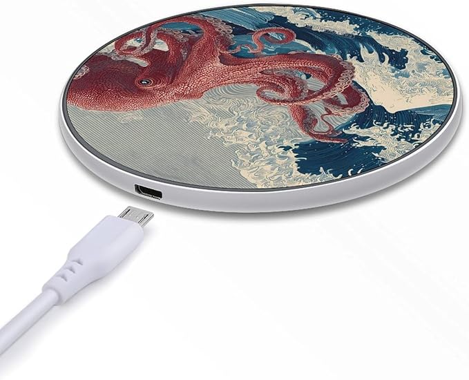 Huge Octopuss Ocean Waves Fast Portable Charger 10W Funny Graphic Phone Charging Pad with USB Cable
