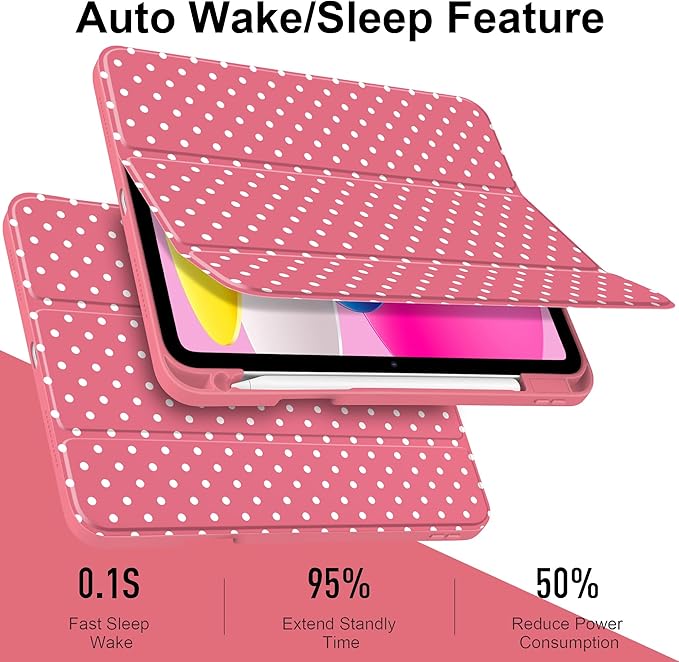 Case for iPad A16 11th Generation 11 inch 2025 iPad 10th Generation 10.9 inch 2022 -[Built-in Pencil Holder] Shockproof Clear Hard Back Trifold Stand Auto Wake/Sleep Rose red White dot