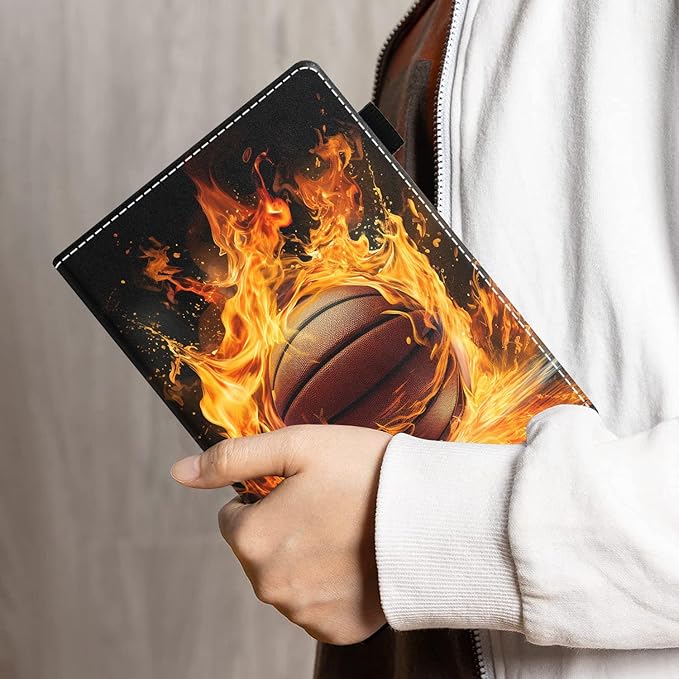 Case for All-New Amazon Kindle Fire HD 10 &amp 10 Plus Tablet 10.1 (13th/11th Generation 2023/2021 Release) - PU Leather Folio Case with Smart Auto Wake/Sleep Burning Basketball