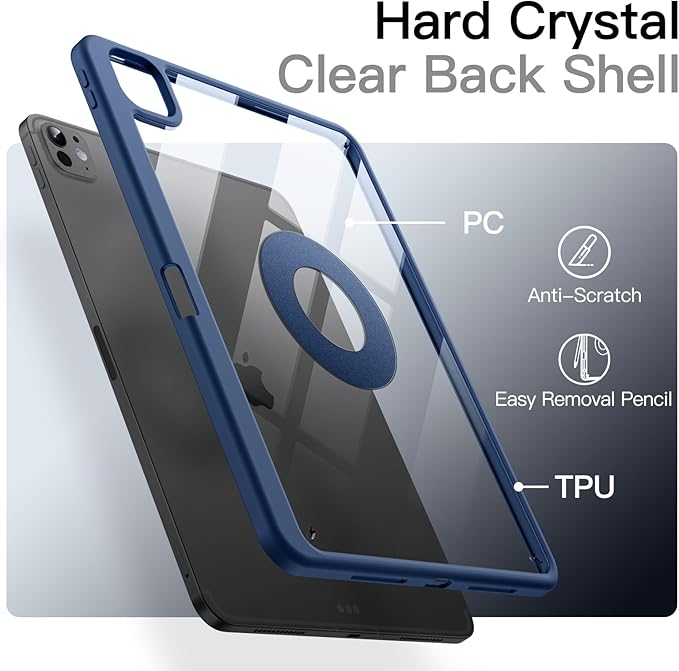 JETech Magnetic Detachable Case for iPad Pro 11-Inch M5/M4 (2025/2024) with Pencil Holder Removable Rotating Clear Cover Portrait/Landscape Stand with Raised Screen View (Navy)