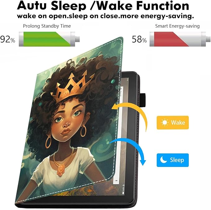 Case for All-New Kindle Fire HD 10 &amp 10 Plus Tablet 10.1 (13th/11th Generation 2023/2021 Release) - PU Leather Folio Case with Smart Auto Wake/Sleep African American Girl Wearing Crown