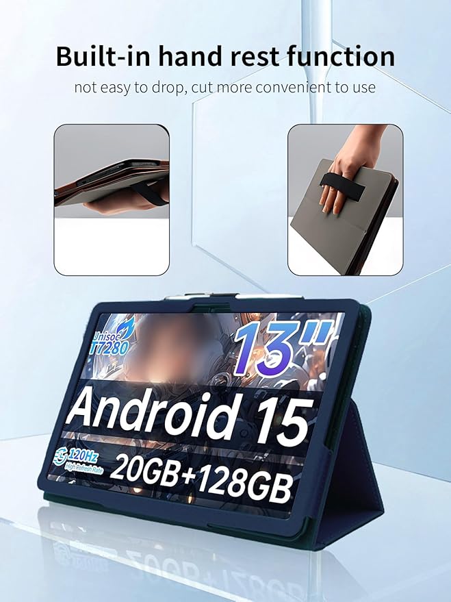Case for Teclast T65 Tablet 13.4 inch Android 15 TabletsUYRUREL Leather Slim Folding Stand Cover with Hand Strap Magnet for Men Women Full ProtectionBlue.