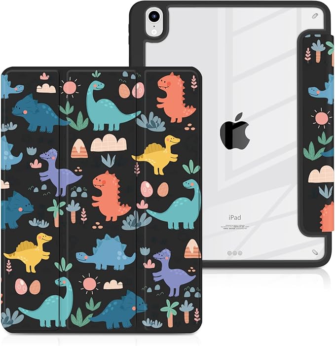 Batianda Hybrid Case for iPad Air 2022 (5th Generation M1 Chip) / iPad Air 4th 2020 10.9 inch [Built-in Pencil Holder] Shockproof Cover with Clear Transparent Back Shell TPU BumperCute Dinosaurs