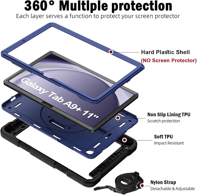 BMOUO for Samsung Galaxy Tab A9+ Plus Case 11 2023 (SM-X210/X216/X218) Shockproof Galaxy Tab A9 Plus Case with Rotating Stand and Hand/Shoulder Strap Navy Blue and Black