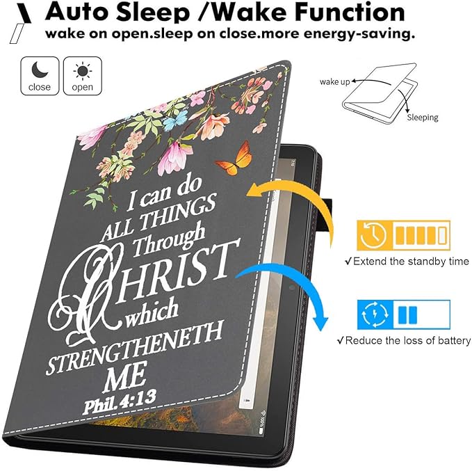 Case for Amazon Kindle Fire HD 10 &amp 10 Plus Tablet (13th/11th Generation 2023/2021 Release) 10.1 - Premium PU Leather Stand Cover with Smart Auto Wake Floral Quote Bible Verse Phil 4:13
