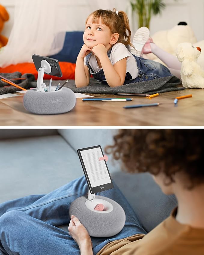 Viozon Phone Holder for Bed Magnetic Pillow Stand Compatible with 4-7 Phone/Kindle with Small Storage Removable Suction Base for Stability Idea for Kindle Reading and Video Watching On BedGrey
