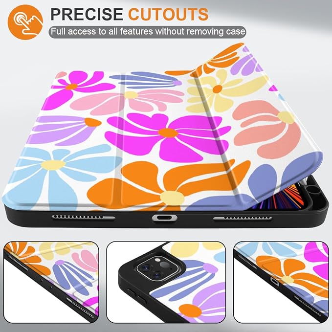 DONGKE Case for iPad Pro 12.9 inch 6th Generation 2022 Built-in Pencil Holder + Trifold Stand + Auto Wake/Sleep + Protective Cover for iPad Pro 12.9 5th/4th/3rd Gen - Retro Flowers