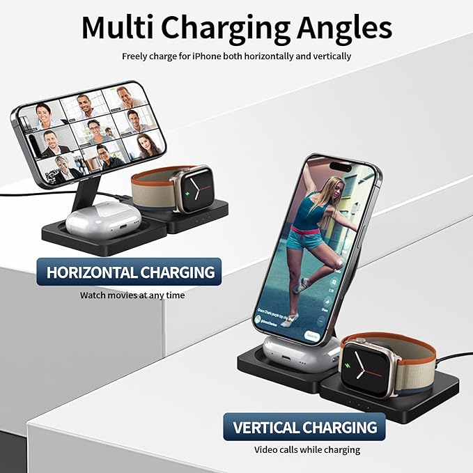 3 in 1 Foldable Wireless Charging Station for iPhone 17 16 15 14 13 12 Apple Watch AirPods Fast Charging Magnetic Stand Travel Charger