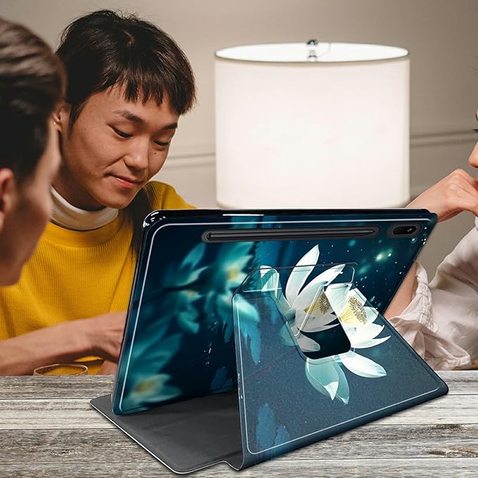 White Lotus Flower Pattern Case for Samsung Galaxy Tab S8 Plus 2022/S7 FE 2021/S7 Plus 2020 12.4 InchBFDHGQZC 360 Degree Rotating Stand Protective Cover with Auto Sleep/Wake