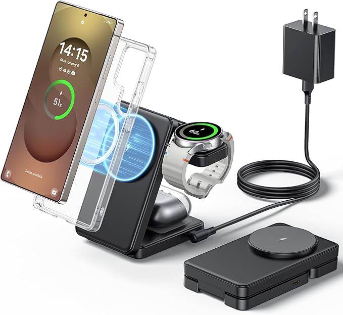 3 in 1 Magnetic Foldable Wireless Charger for Samsung Fast Mag-Safe Charging Station for Galaxy S26 S25 S24 Ultra Plus/Z Fold/Z Flip 7/6/5 Charger Stand for Galaxy Watch Ultra /8/7/6/5/Pro for Buds