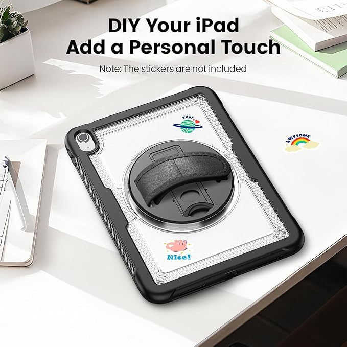 Clear Case for iPad (A16) 11th/10th Generation 11''/10.9'' 2025/2022: Shockproof Protective Case with Hand/Shoulder Strap Pencil Holder Rotate Stand Screen Protector