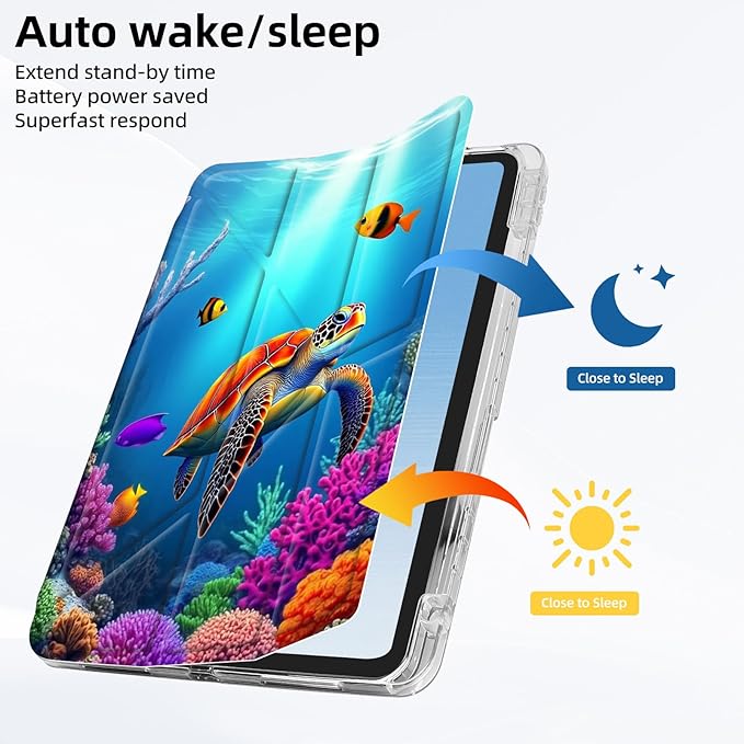 for iPad A16 (11th Generation) Case with Pencil Holder Foldable Y-Shaped Protective Cover Stylish Clear Multi-Angle Viewing &amp Auto Sleep/Wake Sea Turtle and Fish Tablet Case