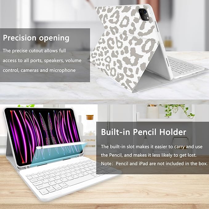 TopPerfekt for iPad Pro 11 4th/3rd/2nd/1st Gen (2022/2021/2020/2018) Keyboard Case Magnetically Absorbent Auto Sleep/Wake Support 2nd Gen Pencil Wireless Charge with Pencil Holder - Grey Leopard
