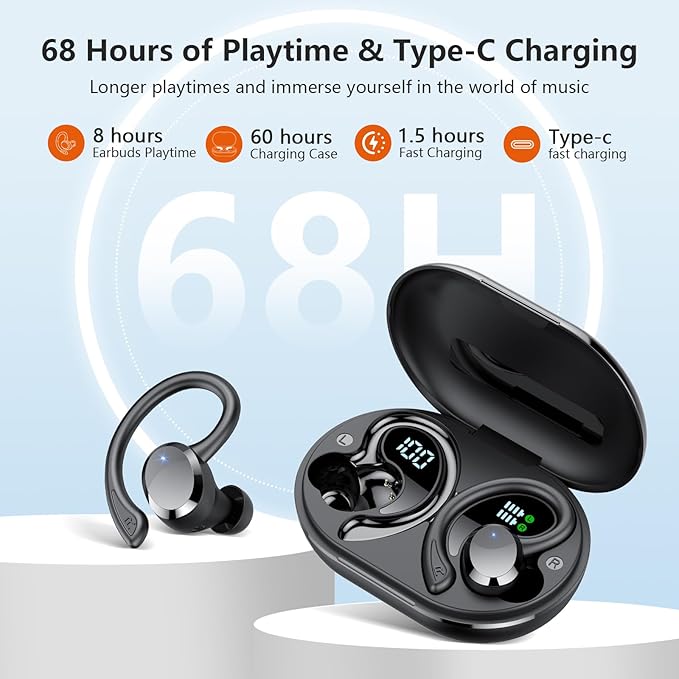 sprtoybat Wireless Earbuds 2026 New Bluetooth 5.4 Headphones Sport Earphones with 68Hrs Playtime LED Display ENC Noise Cancelling Mic IPX7 Waterproof Over Ear Ear Buds with Hook for Sports/Running