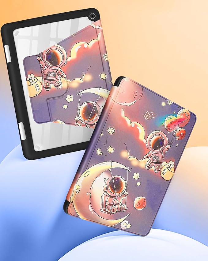 Kidcube for Kindle Fire HD 10/10 Plus Tablet Case - 13th/11th Generation (2023/2021) 10.1 Women Girls Boys Cute Astronaut Design Rotating Stand Pencil Holder Folio Cases for Amazon Fire HD 10/10 Plus