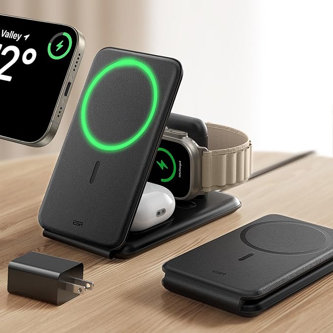 ESR 3 in 1 Charging Station for Apple Certified Apple Watch Charger 15W MagSafe Charger Stand for iPhone Travel Charger for iPhone 17/16/15/14/13 Watch AirPodsBlack