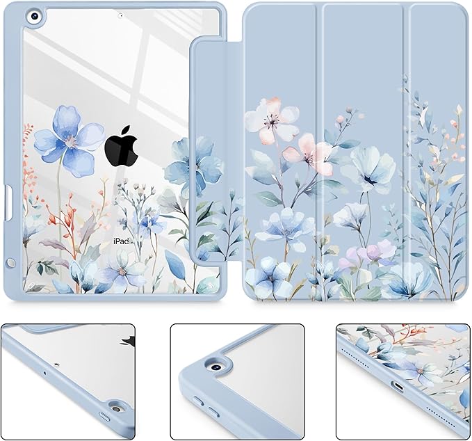 May Chen for iPad 9th Generation with Pencil Holder iPad 8th/7th Gen Case 10.2-inch [Penceil Holder] Trifold Stand Auto Wake/Sleep Clear TPU Protection Back Cover Wild Flowers