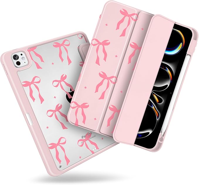 MecBevia Case for iPad Pro 11 inch M5 2025 / M4 2024 (6th/5th Gen) A3357 A3358 A3359 A2836 A2837 A3006 – Built-in Pencil Holder &amp Auto Wake/Sleep Pink Bow