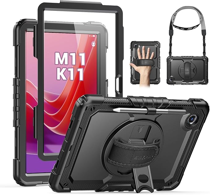 SEYMAC Case for Lenovo Tab M11/K11 11 Inch Heavy Duty Shockproof Protective Case with Screen Protector 360° Rotating Stand Hand/Shoulder Strap and Pen Holder Black